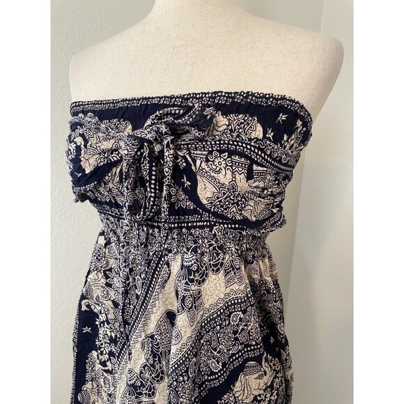 Boho Elephant Print Strapless Midi Dress Asymmetrical Hem Navy Beige 100% Rayon - Picture 2 of 7